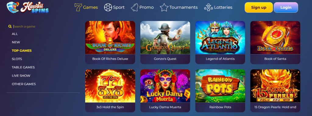 Types of games available at Hawaiispins casino.