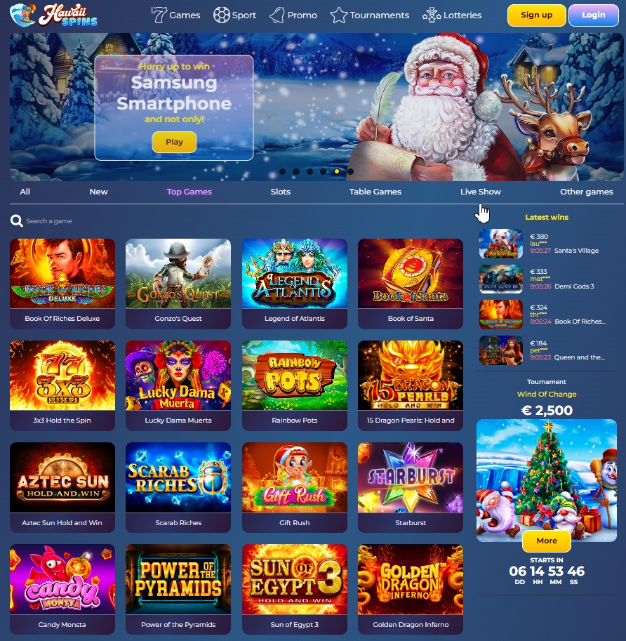 The features of Hawaiispins casino.