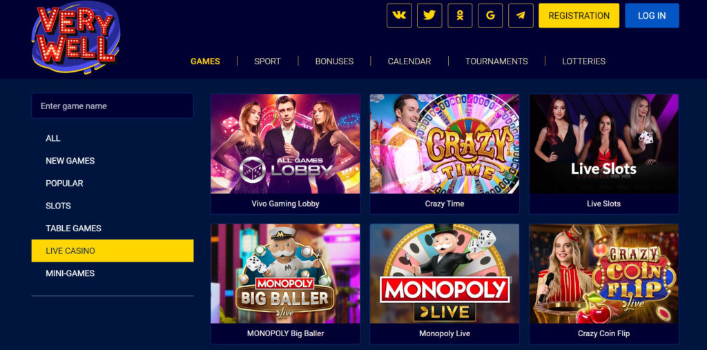 Live dealer games at Very Well casino.