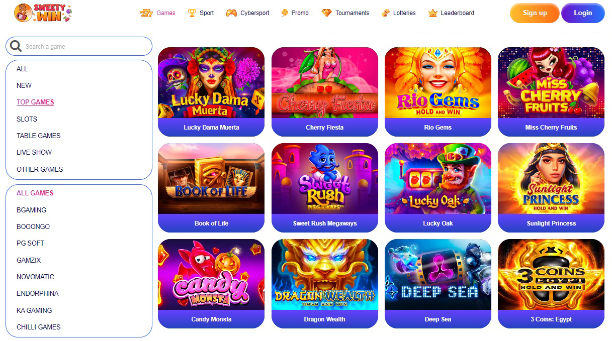 The Sweety Win online casino games section.