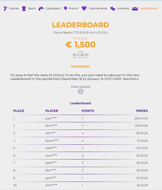 Jammy Jack casino leaderboard.