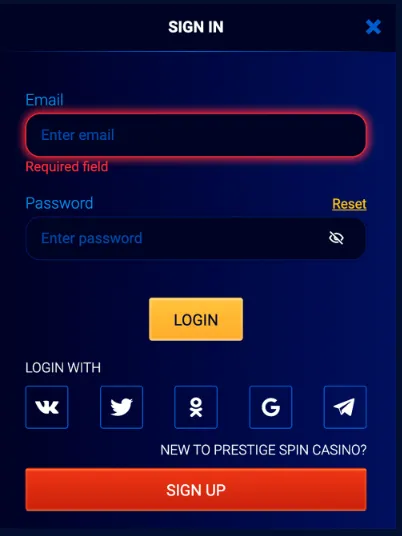 Prestige Spin Casino registration.