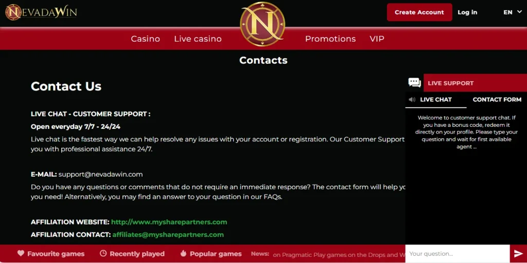 Customer Support at Nevada Win Casino.