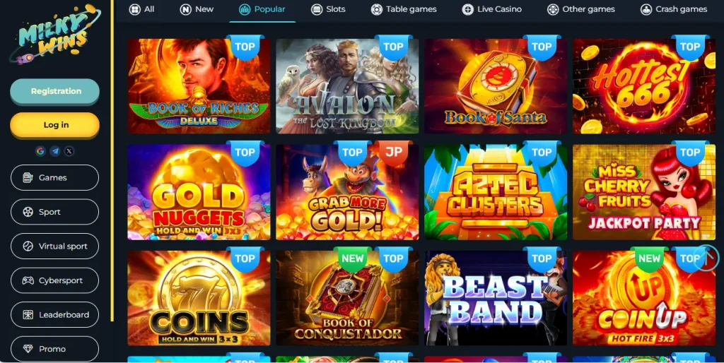 Popular Games by Milky Wins Casino.