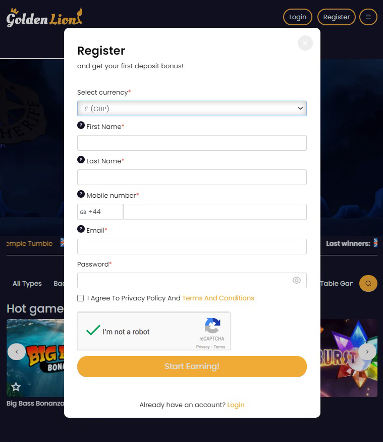 Registration on Golden Lion casino