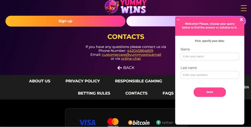 Yummy Wins Casino support