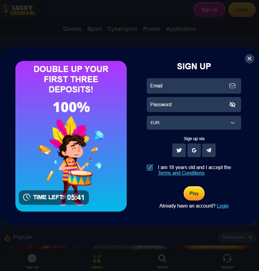 Sign up page at Lucky Carnival Casino