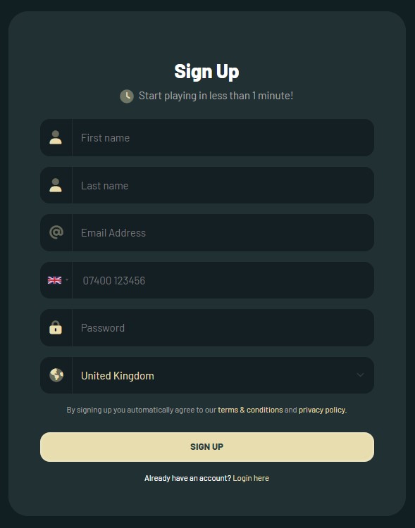 Sign up page by Palm Casino