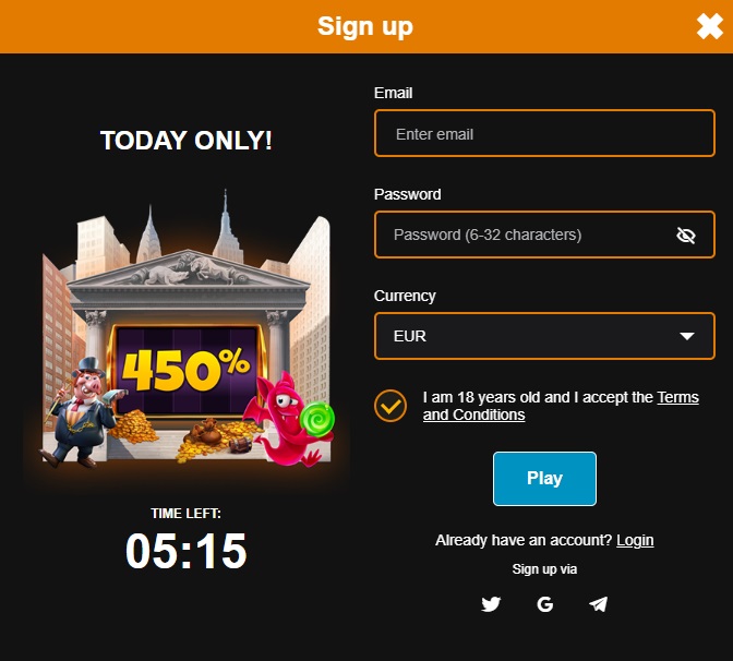 Sign up form at Richy Fox Casino