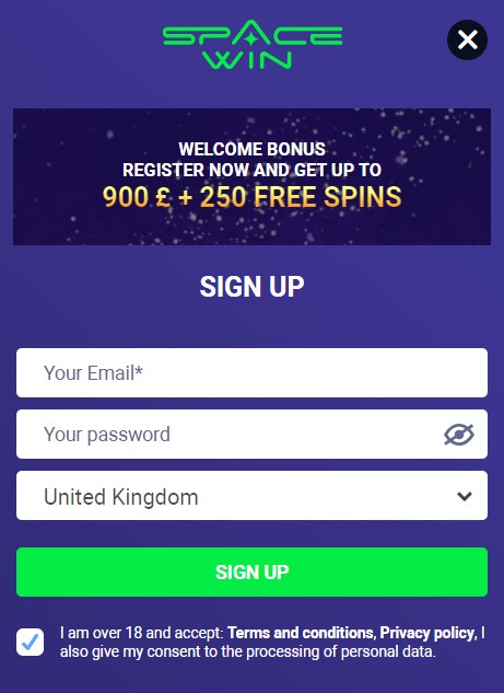 Register form at SpaceWin Casino