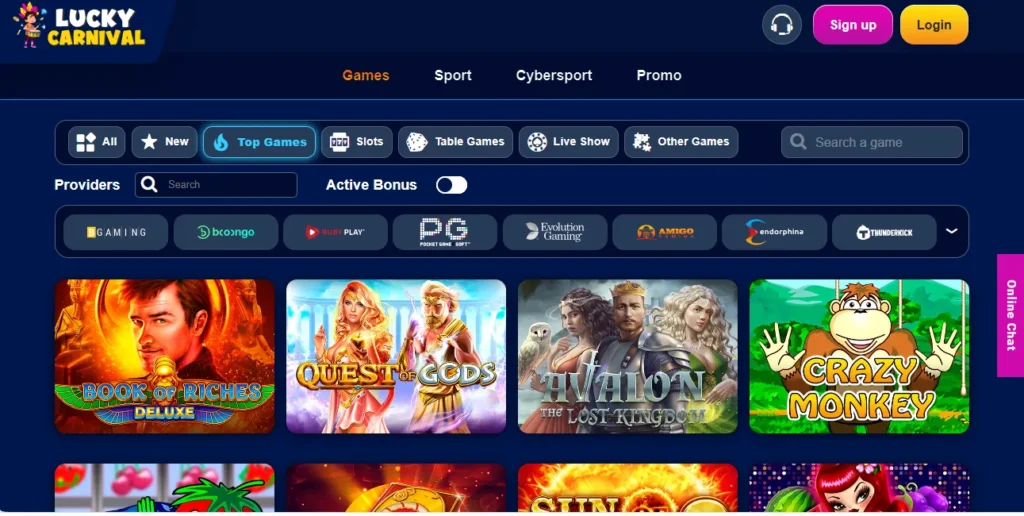 Top games at Lucky Carnival Casino