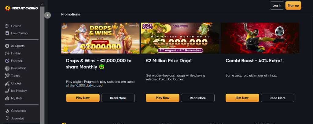 Check promotions page on Instant casino