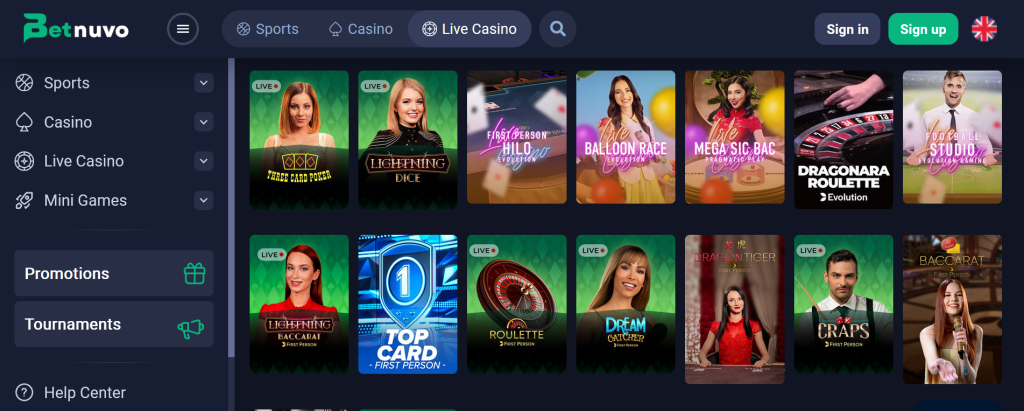 Play Live Games on Betnuvo Casino