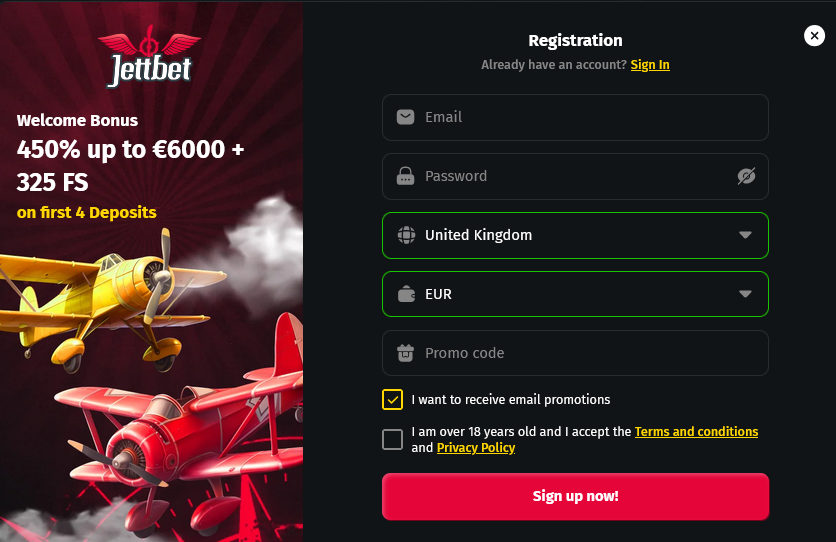 Registration section in JettBet Casino