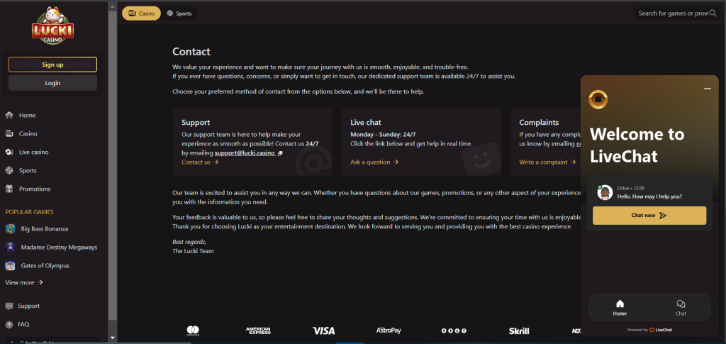 Support page at LuckiCasino