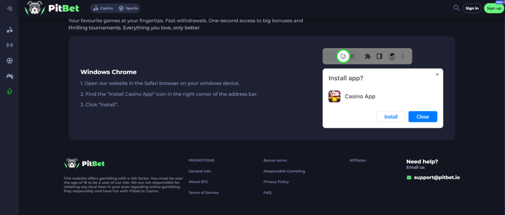 Install mobile application by Pitbet casino