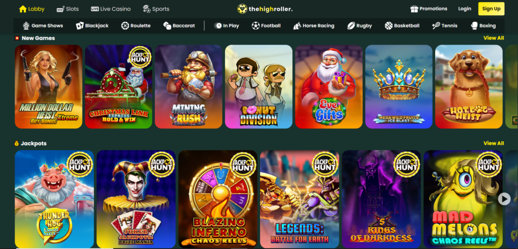 New games and jackpots sections at TheHighRoller Casino